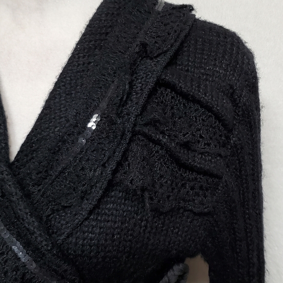 FORLA Paris Boho Goth Black Eyelet Lace Sequin Asymmetrical Tie-Waist Cardigan - Picture 6 of 16